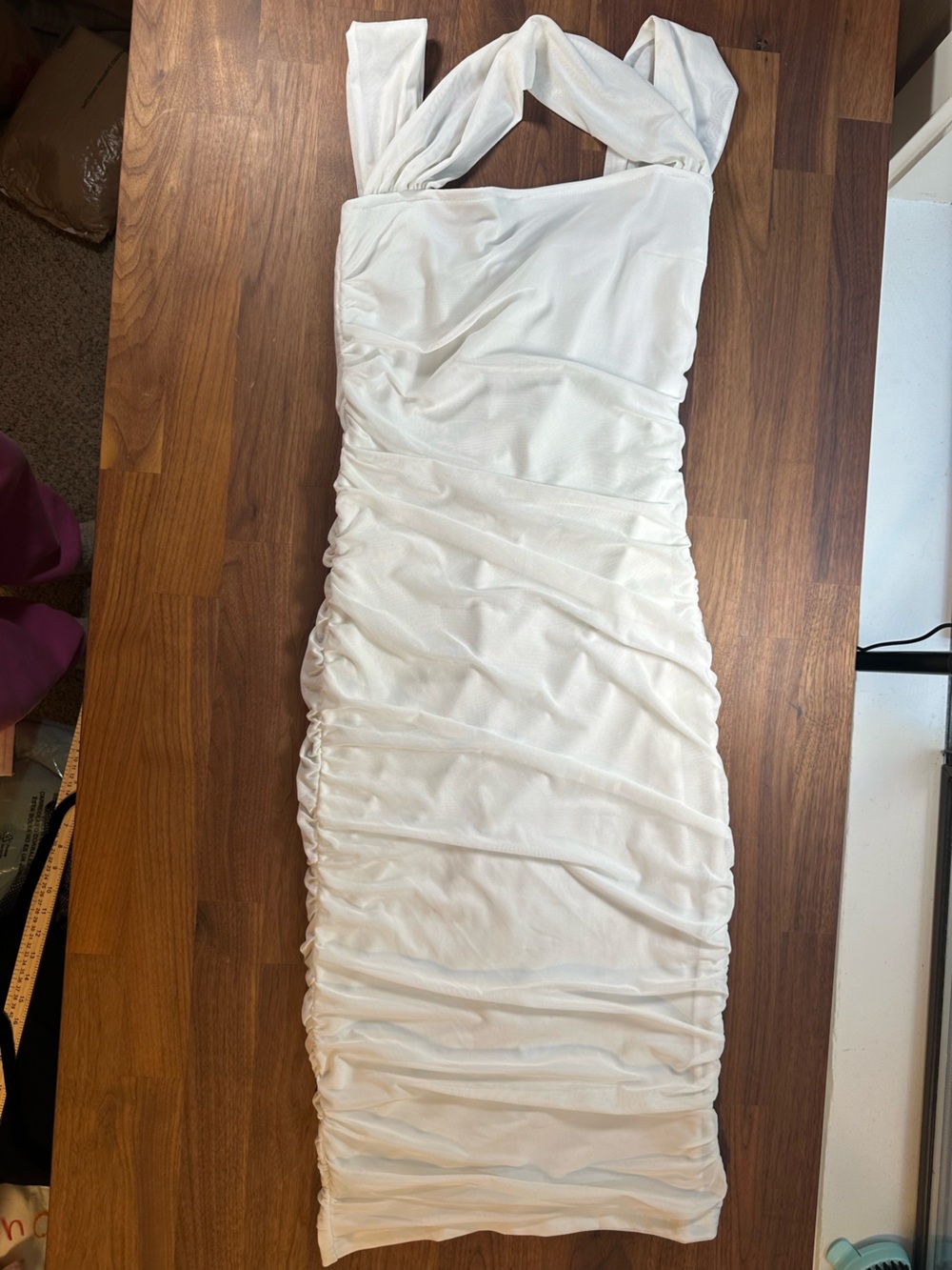 Glamaker White Ruched Bodycon Midi Dress Sleeveless Cutout Bridal Cocktail